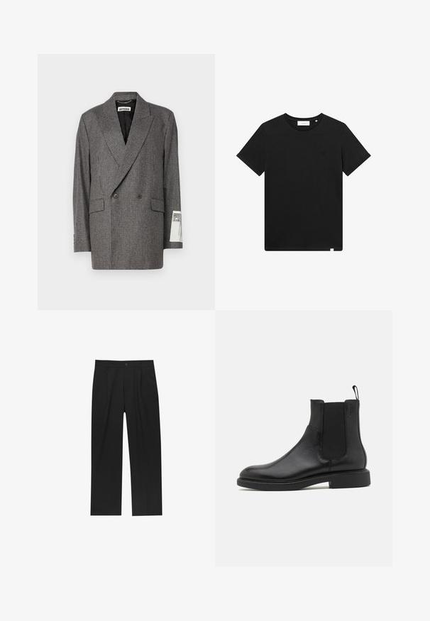 Doppelt geknöpfter Blazer im grauen Hahnentrittmuster, aus strukturiertem Stoff gefertigt. Verfügt über einen Reverskragen und zwei Fronttaschen. Etikett ist am Ärmel sichtbar.; Schwarzes T-Shirt mit kurzen Ärmeln aus Baumwolle, mit Rundhalsausschnitt und einem kleinen, auf der Brust gestickten Logo. Glatte Textur, normale Passform.; Schwarze Hose mit geradem Schnitt, aus einem glatten Stoff gefertigt. Verfügt über Vorderfalten und einen einzelnen Knopfverschluss an der Taille.; Schwarze Leder-Ankle-Boots mit glatter Textur, elastischen Seitenpaneelen und einer Zuglasche. Runde Zehenpartie und flache Gummisohle mit minimalem Profil.