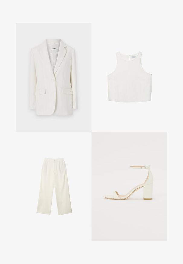 Valkoinen raitapuku takki, jossa on viistosaka, yksinoikealla nappisuljenta ja kaksi etutaskua. Silkkinen kangas, jossa on hienovarainen kiilto.; Valkoinen hihaton paita, jossa on pyöreä pääntie, hienovarainen tekstuuri, avaustakki ja suora helma.; Kermanhousut vaaleassa kankaassa, jossa on sileä rakenne, yksittäinen etunappi, hienovaraiset laskokset ja korkea vyötärömuotoilu.; Valkoiset nahkaiset tukikorkosandaalit, joissa on nilkkahihna soljella ja minimalistinen muotoilu. Avoin varvas ja sileät pinnat koko kengässä.