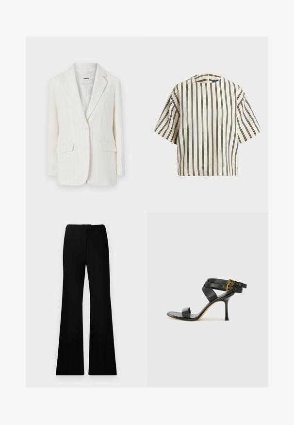 Balts svītrainais žakets ar izgriezumu, vienu pogu un divām priekšējām kabatām. Gluda auduma ar vieglu spīdumu.; Kreklus, svītrainā blūze ar īsām piedurknēm, krēmkrāsā un tumši zilā tonī, ar apaļu apkakli un kvadrātveida dizainu, izgatavota no teksturētas auduma.; Melnas paplašinātas bikses ar gludu tekstūru, pielāgotu jostasvietu un priekšējām kabatām, veidotas ar elegantu, mūsdienīgu siluetu.; Melna augsta papēža sāndele ar krustotiem siksniņām un regulējamu sprādzi. Iespēlēts gluds tekstūra un pakāpenisks stiletto papēdis.