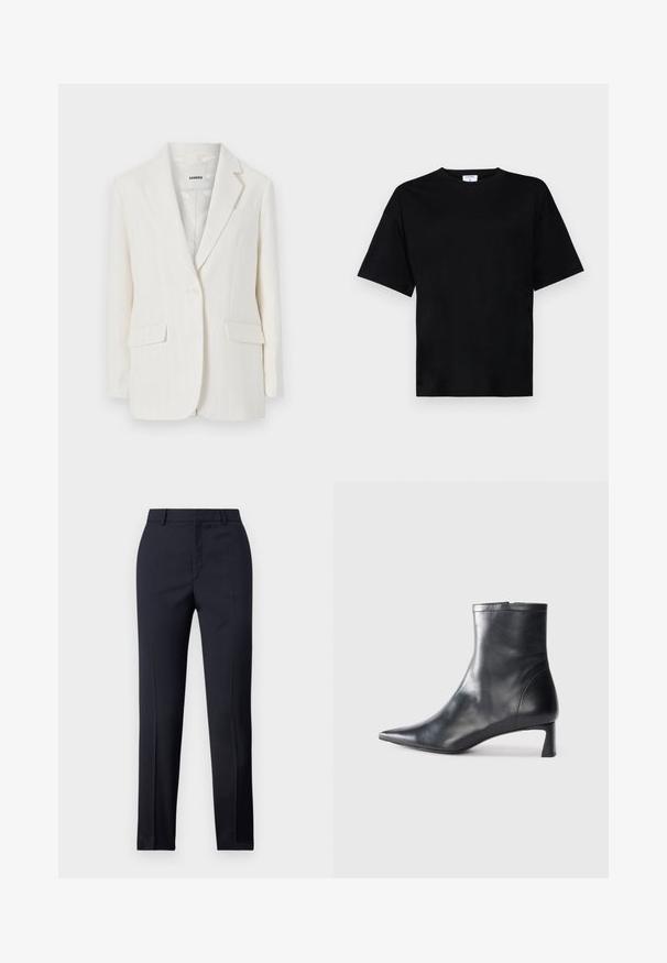 Blazer blanc à rayures fines avec un col à revers, fermeture à un bouton et deux poches avant. Tissu lisse avec un léger éclat.; T-shirt noir à manches courtes, coupe décontractée, en tissu doux, avec un col rond et sans motifs ni accents marquants.; Pantalons ajustés bleu marine avec une coupe droite, présentant une texture lisse, deux poches avant et une taille épurée.; Bottine en cuir noir avec un bout pointu et un design épuré. Présente un petit talon et une fermeture éclair à l'arrière. Texture lisse.