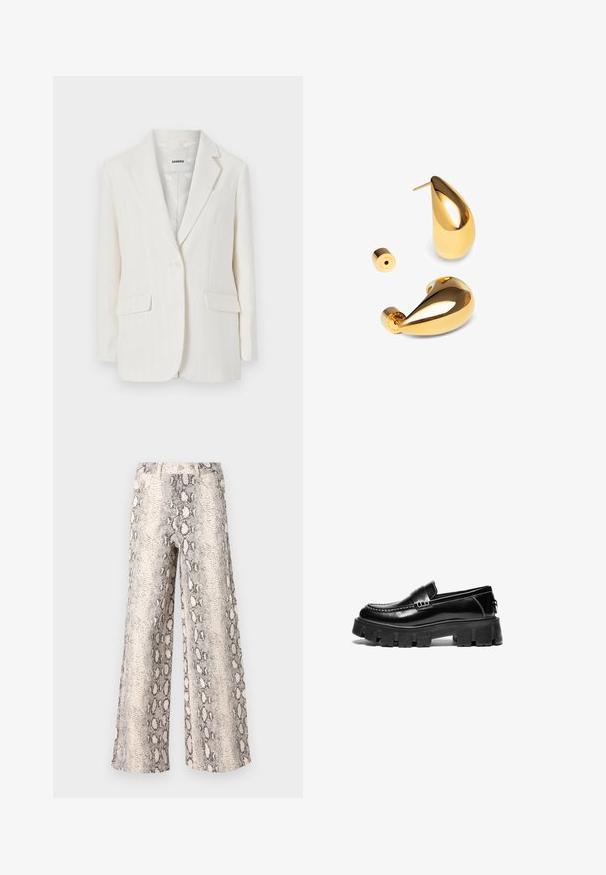 White pinstriped blazer with a notched collar, single-button closure, and two front pockets. Smooth fabric with subtle sheen.; Black long-sleeve T-shirt made of soft fabric. Features a wide round neckline and a loose fit with straight hem. No visible patterns or accents.; Wide-leg pants in a snake print pattern, featuring a cream and gray color scheme, made from textured fabric with a high-waisted design.; Black leather loafers with chunky rubber sole, decorative strap across the upper, and contrasting white stitching. Smooth texture with rounded toe.; Singularu DROP - Earrings - gold-coloured