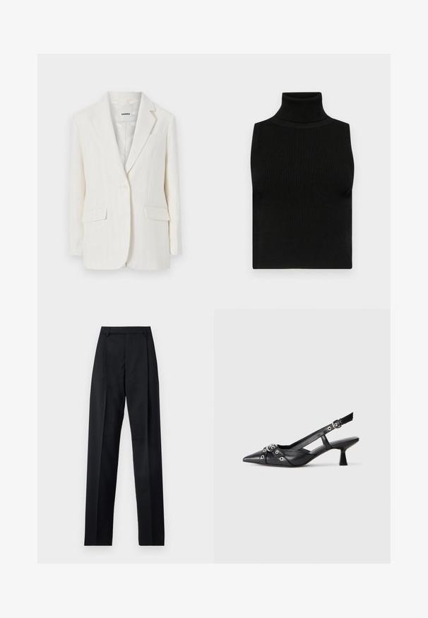Blazer bianco a righe sottili con collo a punta, chiusura con un solo bottone e due tasche frontali. Tessuto liscio con una leggera lucentezza.; Top senza maniche nero a collo alto con texture a coste e design aderente. Tessuto morbido con collo alto e senza ulteriori decorazioni.; Pantaloni neri realizzati in tessuto morbido, caratterizzati da vita alta, gambe larghe, pince frontali e classiche passanti per cintura. Non ci sono tasche laterali visibili.; Scarpa slingback nera in pelle con punta affusolata, cinturini decorativi con occhielli metallici e tacco basso a blocco. Superficie testurizzata.