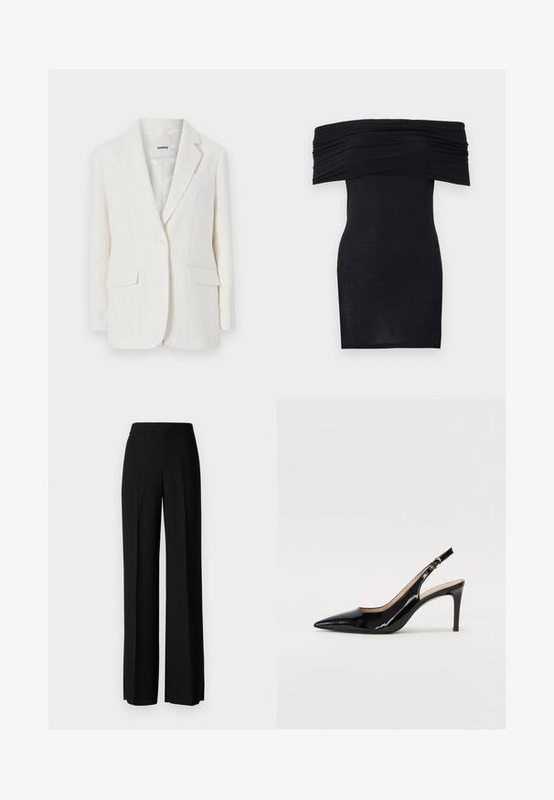 Bílý blejzr s proužky, s klopovým límcem, zapínáním na jeden knoflík a dvěma předními kapsami. Hladká tkanina s jemným leskem.; Černé šaty nad ramena se stahovaným dekoltem, úzkým střihem a hladkým povrchem. Minimalistický design, délkou po kolena, bez dalších ozdob.; Černé kalhoty s širokým střihem a hladkým povrchem, s vysokým pasem a středovými skladbami. Žádné viditelné vzory ani kovové detaily.; Černé lakované slingback lodičky s špičatou špičkou, úzkým podpatkem a jemným výřezem. Obsahují zlatou sponu na řemínku.