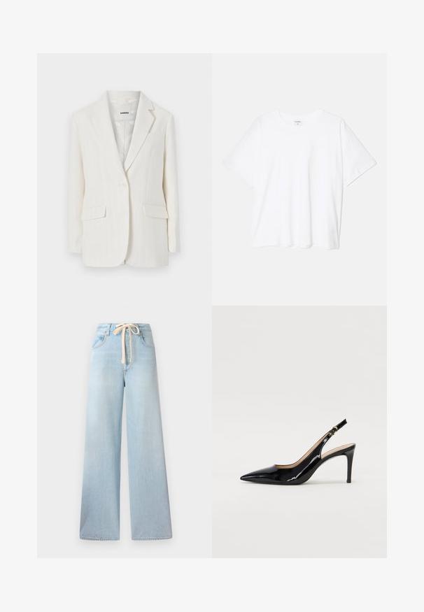 Blazer blanc à rayures fines avec un col à revers, fermeture à un bouton et deux poches avant. Tissu lisse avec un léger éclat.; T-shirt en coton blanc avec des manches courtes, un col rond, une coupe décontractée et un ourlet cousu. Étiquette visible à l'intérieur du col.; Jean large bleu clair en denim, doté d'une taille à cordon et d'un design classique à cinq poches avec un léger décoloration.; Pompe slingback en cuir verni noir avec un bout pointu, un talon fin et un design de découpes subtil. Elle dispose d'une boucle dorée sur la sangle.