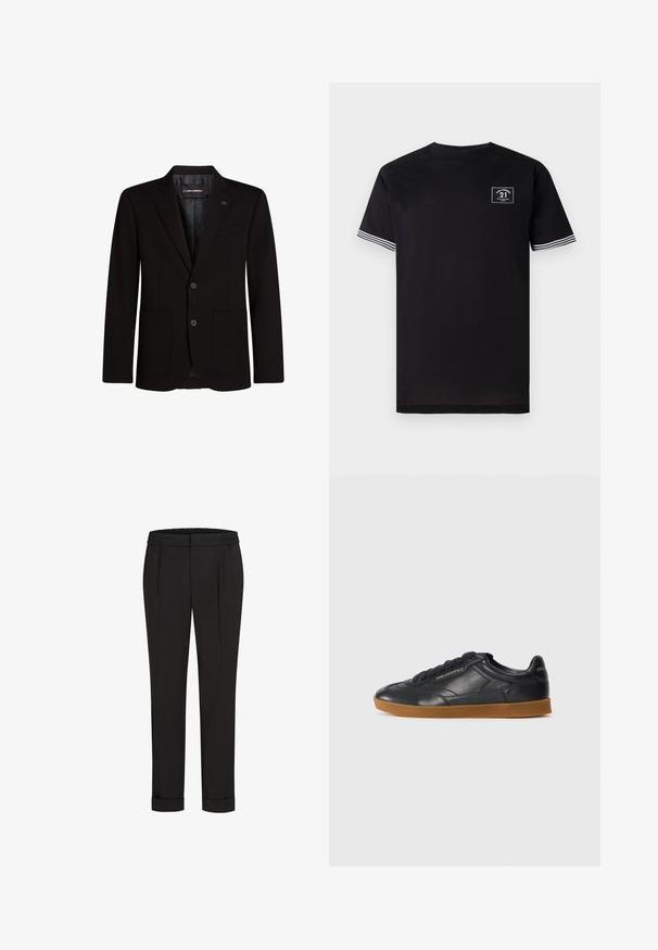Črn blejzer iz gladkega materiala, z dvema sprednjima žepoma, zareznimi ovratniki, dvogumbnim zapiranjem in diskretno logotipno poudarjeno na ovratniku.; Črna bombažna majica s krožnim izrezom, kratkimi rokavi in belimi črtami. Ima kvadratno nalepko na prsih.; Črne hlače z elastičnim pasom, s pravimi nogavicami in zavihanimi manšetami. Narejene so iz gladkega, tkanega materiala brez vzorcev.; Črne usnjene superge s zaobljenim nosom, z vezalkami spredaj in kontrastnim gumijastim podplatom. Imajo vtisnjeno blagovno znamko na strani in zadaj.