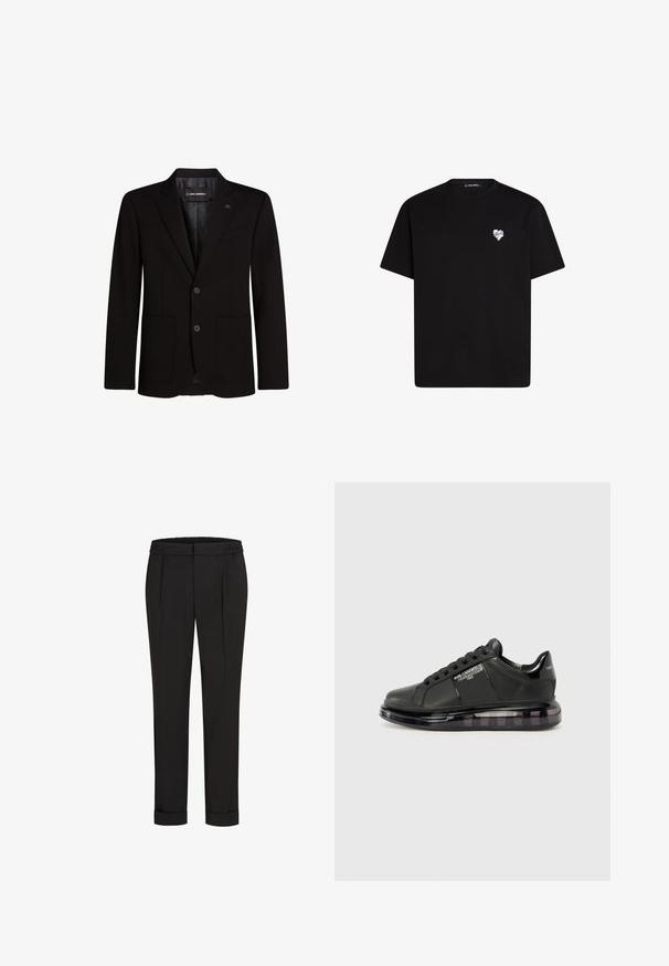Svart kavaj i slätt tyg, med två framfickor, notch-lapel, tvåknapps-knäppning och en diskret logotypdetalj på kavajslaget.; Svart bomullströja med korta ärmar, rund halsringning och en liten vit hjärtgrafik på vänster bröstområde.; Svarta byxor med elastisk midja, med en rak bendesign och uppvikta fållar. Tillverkade av glatta, vävda tyger utan mönster.; Svart sneaker med slät läderöverdel, rund tå och snörningsdesign. Har en klar, vadderad sula med en mörk gradient.
