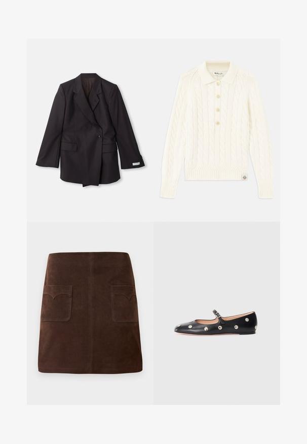 Czarna, podwójnie zapięta marynarka wykonana z gładkiego materiału. Posiada klapy z wycięciem, dwie przednie kieszenie oraz dekoracyjne guziki na rękawach.; Kremowy sweter z warkoczowym splotem, z kołnierzykiem, czterema guzikami, ściągaczami przy mankietach i małą naszywką z logo na dolnym brzegu.; Brązowa zamszowa spódnica w klasycznym kształcie A, z dwiema przednimi kieszeniami z zaokrąglonymi klapami i subtelnymi detalami szewnymi.; Czarne skórzane buty typu Mary Jane na płaskim obcasie z zaokrąglonym czubkiem, ozdobione srebrnymi okrągłymi ćwiekami oraz regulowanym paskiem z klamrą.