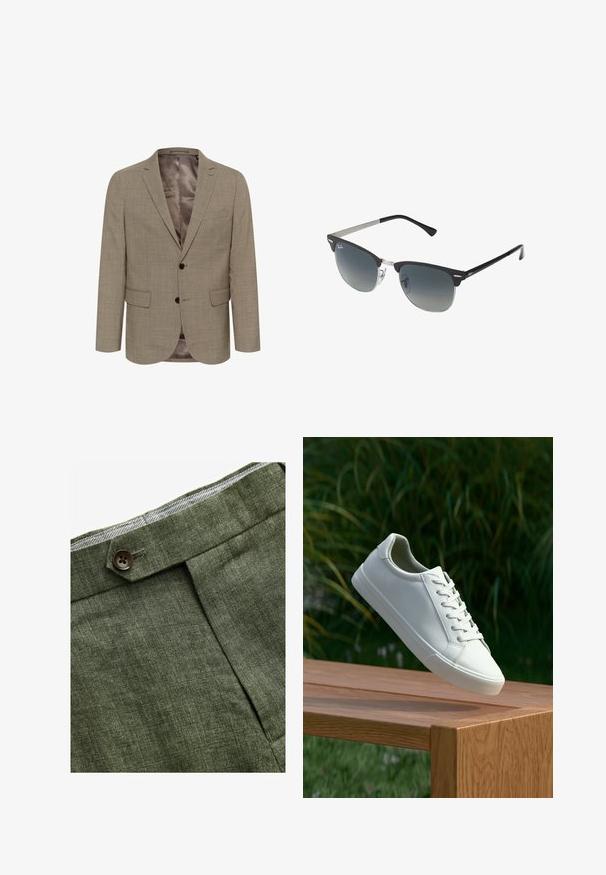 Svetlohnedý blazer s textúrovaným vzorom, s jedným radom gombíkov, dvoma prednými vreckami a hladkým podšívkou.; Svetlomodrá košeľa s dlhým rukávom a gombíkmi, s klasickým golierom, rovnými okrajmi a jemnou textúrou. Obsahuje centrálny gombíkový zapínací systém.; Olivové ľanové nohavice s predným záhybom, so zapínaním na gombík a kontrastnou kockovanou podšívkou na pase.; Biele šnurovacie tenisky sa vznášajú nad drevenou lavicou so zeleným porastom v pozadí, predvádzajúc design a textúru topánok.; Čierne a strieborné slnečné okuliare v tvare mačacích očí so stupňovými šošovkami a kovovými akcentmi na ráme. Plastové nožičky s šedými koncami.