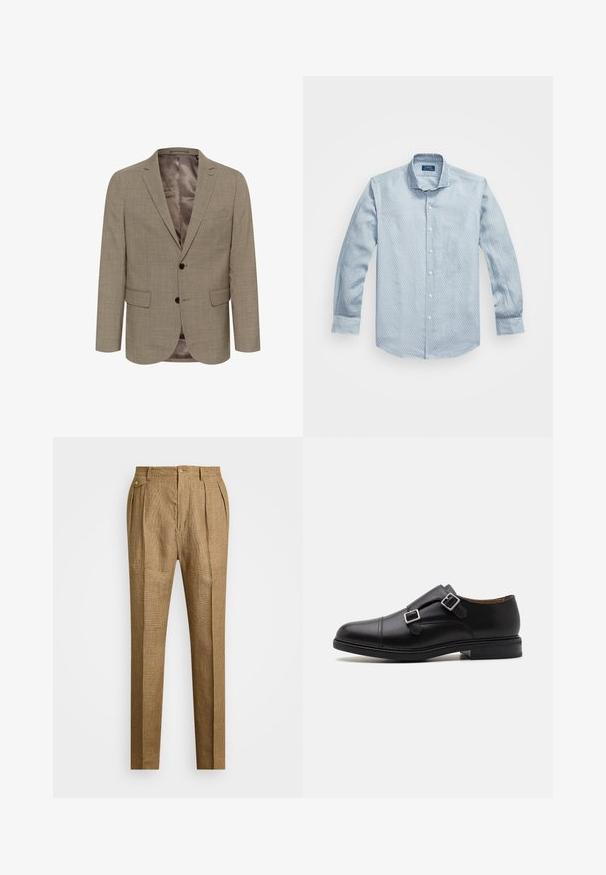 Svijetlosmeđi sako s teksturiranim uzorkom, jednostruki kroj, dva prednja džepa i glatka unutarnja podstava.; Svijetloplava košulja s dugim rukavima u teksturiranom uzorku, klasičnog ovratnika. Bijeli gumbi i zaobljeni rub. Izrađena od pamučne mješavine.; Smešane smeđe karirane hlače s strukturiranim krojem, s naborima sprijeda, dva bočna džepa i zatvaranjem na dugme. Glatka tekstura s krojem prilagođenim tijelu.; Crne kožne cipele s dvostrukim kopčanjem, okruglim nosom, suptilnim šavovima i ravnim, teksturiranim gumenim potplatom.