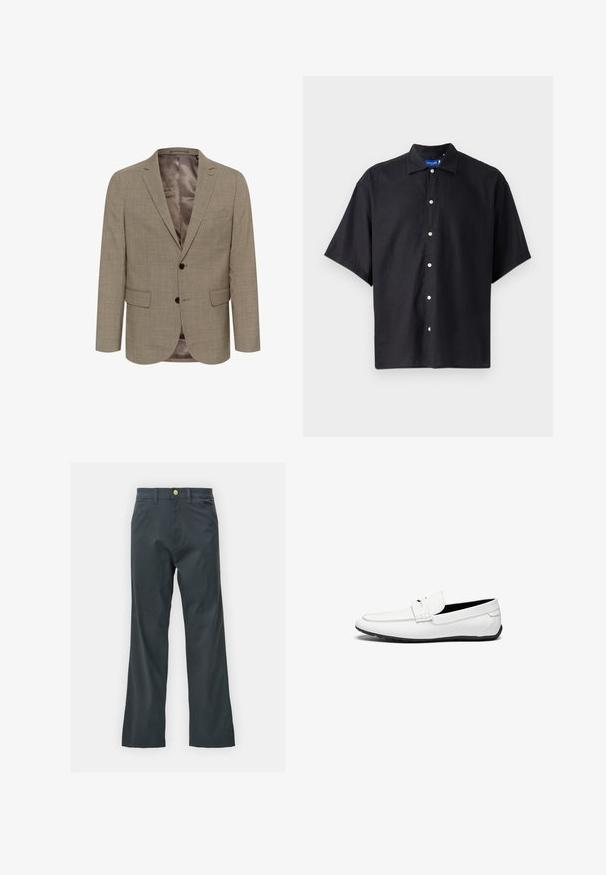 Light brown blazer with a textured pattern, single-breasted design, two front pockets, and a smooth interior lining.; Short-sleeve black shirt made of lightweight fabric, featuring a pointed collar and front button closure with white buttons.; Black pants with a straight leg cut, made from cotton blend fabric. Features a metal button closure and side pockets. No visible patterns.; White leather loafers with a smooth finish, featuring a stitched accent, a rounded toe, and a black rubber sole for grip.