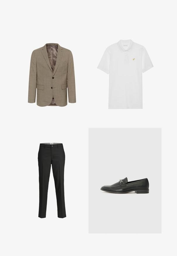 Lichtbruin blazer met een geperforeerd patroon, eenknoops ontwerp, twee voorzakken en een gladde binnenvoering.; Witte polo shirt van katoen, met een knoopsluiting met twee knopen en een klein geel geborduurd logo op de linkerkant van de borst. Korte mouwen.; Zwarte broek, getailleerde pasvorm, gladde stof, middelhoge taille, sluiting met frontknop, diagonale zakken en plooien langs de benen.; Zwarte leren instapper met een gladde afwerking, voorzien van een gestikt ontwerp en een decoratieve metalen kettingaccent over de wreef. Platte hak.