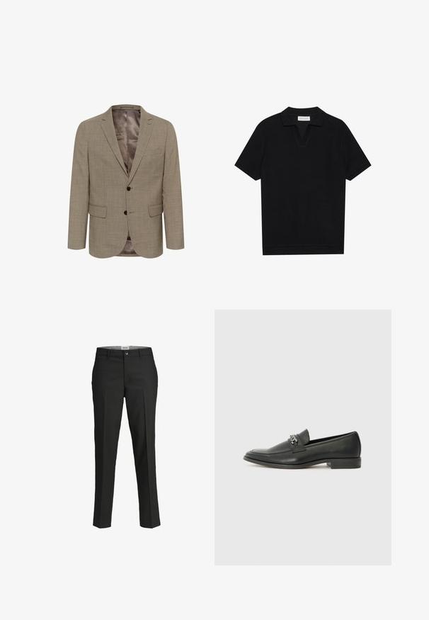 Svetlohnedý blazer s textúrovaným vzorom, s jedným radom gombíkov, dvoma prednými vreckami a hladkým podšívkou.; Čierna polo tričko s krátkymi rukávmi, vyrobené z textúrovaného, rebrovaného materiálu, s véčkovým výstrihom a rovnými okrajmi. Bez viditeľných log a vzorov.; Čierne nohavice, strih na mieru, hladká tkanina, stredne vysoký pás, predné zapínanie na gombík, diagonálne vrecká a plisovanie pozdĺž nohavíc.; Čierne kožené loafers s hladkým povrchom, s prešitým dizajnom a dekoratívnym kovovým reťazovým akcentom cez priehlavok. Plochý podpätok.