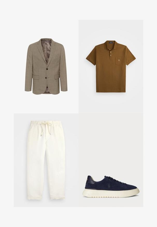 Šviesiai rudas švarkas su tekstūriniu raštu, vieno sagos dizainu, dviem priekininėmis kišenėmis ir lygiu pamušalu.; Rudas polo marškinėliai, pagaminti iš medvilnės, su apykakle, dviem mygtukais priekyje ir kairėje krūtinės pusėje esančia kišene, dekoruota išsiuvinėtu logotipu. Trumpomis rankovėmis.; Šviesiai kreminės spalvos, laisvalaikio kelnės iš minkštos medžiagos. Turi elastinį juosmenį su raišteliais ir siaurėjantį kojų dizainą.; Tamsiai mėlyni jovimo odos žemi sportbačiai su tekstūruotu paviršiumi, guma padais ir tonuotais raišteliais, su mažu logotipu šone ir ant kulno.