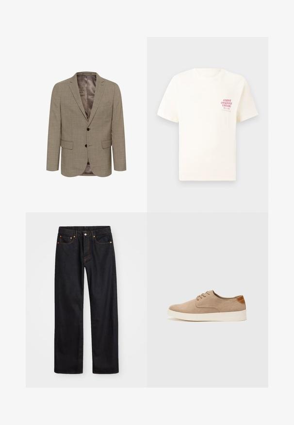Blazer marrone chiaro con un motivo testurizzato, design a un solo petto, due tasche frontali e fodera interna liscia.; T-shirt bianco a maniche corte con testo rosso "Studio Originals Edition" sul lato sinistro del petto, esposto su uno sfondo grigio neutro.; Jeans neri in denim dritto da uomo con cinque tasche e cuciture arancioni, chiusura con bottone e zip sulla vita anteriore.; Sneaker in suede beige con punta arrotondata, stringhe davanti e un accento testurizzato sul retro. La suola in gomma bianca offre un contrasto. Design semplice e moderno.