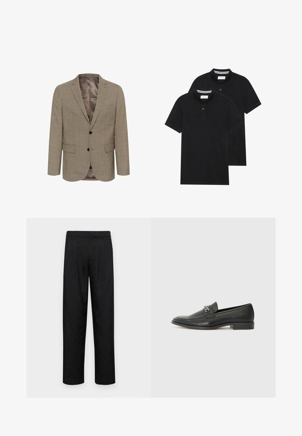 Világosbarna blézer texturált mintázattal, egysoros fazon, két elülső zseb, és sima bélés.; Két fekete pólóing, rövid ujjú, pamut anyagból készült, klasszikus gallérral, két gombos gombolással, és fehér csíkos díszítéssel a gallér belső részén.; Fekete nadrág sima anyagból, egyenes szárú fazonnal, két elülső redővel és közönséges derékkal, övhurkokkal.; Fekete bőr loaferek sima felülettel, varrott mintával és díszítő fém lánccal a cipő elején. Lapos sarok.