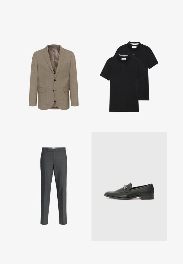 Light brown blazer with a textured pattern, single-breasted design, two front pockets, and a smooth interior lining.; Two black polo shirts, short-sleeved, cotton material, featuring a classic collar, two-button placket, and white striped accents inside the collar.; Gray dress pants with a straight-cut design, made from a smooth fabric. Features a button closure and two front pockets.; Black leather loafer with a smooth finish, featuring a stitched design and a decorative metal chain accent across the vamp. Flat heel.