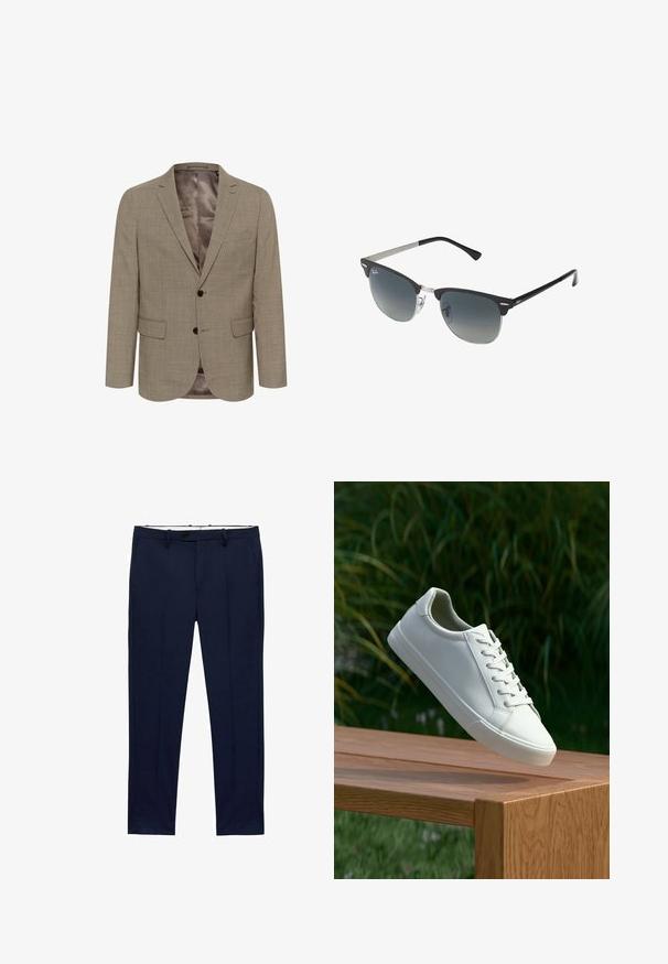 Svetlo rjav blazer s teksturiranim vzorcem, enoredni dizajn, dvema sprednjima žepoma in gladkim notranjim podlogom.; Bele kratke majice s kratkimi rokavi, zložene, narejene iz bombaža. Imajo okroglo ovratnico in raven kroj. Tkanina se zdi gladka brez vzorcev.; Temno modri hlače s ožjim krojem in vzorcem črt. Zasnovane so z zadrgo, pasnimi zankami in sprednjimi žepi. Gladek teksturiran material.; Beli vezani športni čevlji, ki lebde nad leseno klopjo z zelenim rastlinjem v ozadju, prikazujejo obliko in teksturo čevlja.; Črne in srebrne sončna očala v obliki mačjih oči, z gradientnimi lečami in kovinskimi dodatki na okvirju. Plastične ročke s sivimi konicami.