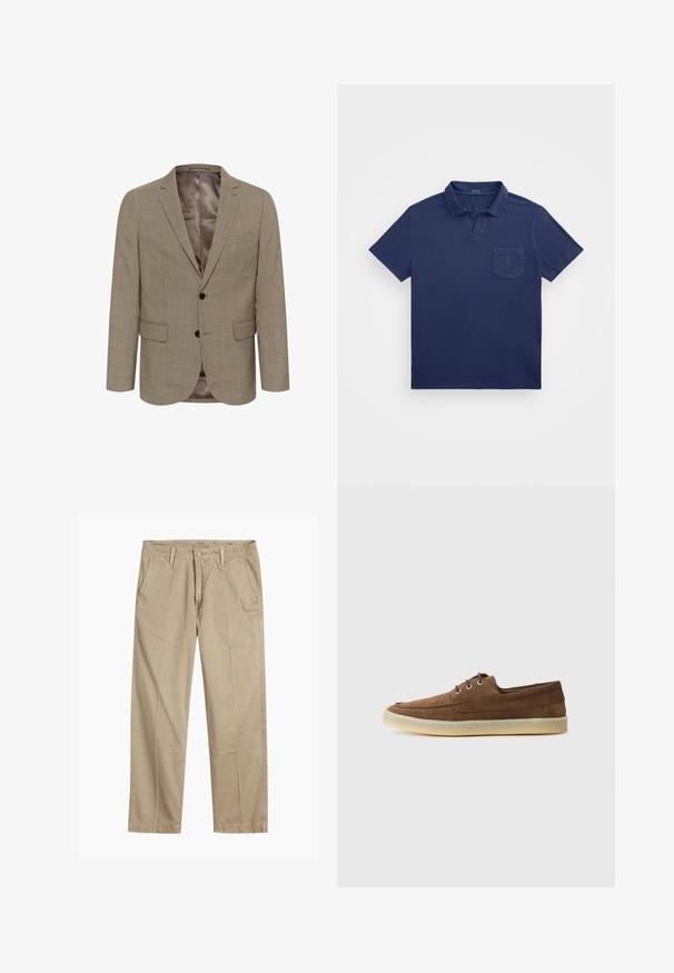 Šviesiai rudas švarkas su tekstūriniu raštu, vieno sagos dizainu, dviem priekininėmis kišenėmis ir lygiu pamušalu.; Tamsiai mėlynas polo marškinėliai su trumpu apykakle, krūtinės kišene ir siuvinėjimu. Pagaminti iš minkštos, tekstūruotos medžiagos.; Bežiniai tiesaus kirpimo chinos kelnės su diržo kilputėmis, priekyje esančia mygtuko ir užtrauktuko uždarymo sistema, bei šoninėmis kišenėmis.; Rudos zomšos batai su žemu profiliu, raišteliais, guminiais padu ir kontrastingomis siūlėmis. Paprastas ir funkcionalus stilius.
