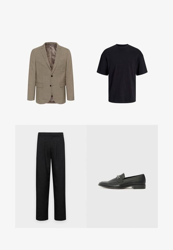 Helepruun bleiser, millel on tekstureeritud muster, üherealine disain, kaks esi-taskut ja sile sisekate.; Must must on mustre, lühikeste varrukatega ja vabalt langev. Sile tekstuur ja ilma nähtavate mustrite või aktsentideta.; Mustad mustadest riietest, millel on sirge jalgade disain, kaks eesmist voltimist ja tavaline vöökoht, millel on vöökohad.; Must haveate nahkking punased, millel on sile viimistlus, tikitud muster ja dekoratiivne metallkett vampi üle. Tasane konts.