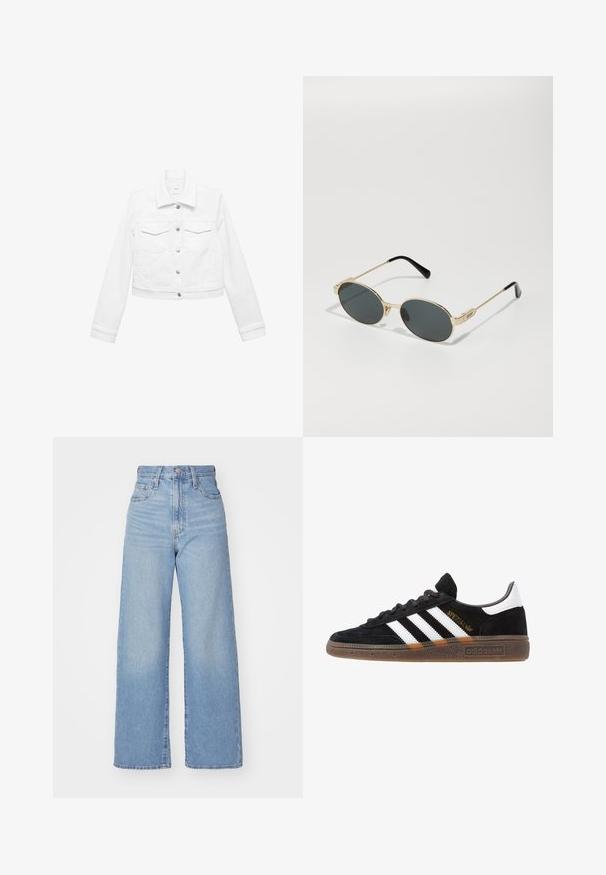 Weiße Denimjacke mit langen Ärmeln, Knopfverschluss vorne und zwei Brusttaschen. Kurz geschnittenes Design, glatte Textur, minimalistischer Stil.; Hollister Co. SLIM SHIRTING - Hemdbluse - white; Hellblaue High-Waist-Weite-Leg-Jeans mit Knopf- und Reißverschluss vorne, Vorder- und Rückentaschen, auf weißem Hintergrund.; Schwarzer Adidas Sneaker mit weißen Streifen, goldenem "Spezial"-Text, Gummisohle und weißem Fersenbereich, seitliche Ansicht.; Goldfarbene Metallsonnenschutzbrille mit ovalen Gläsern und dunkeltönenden Linsen. Schwarze Acetatspitzen an den Bügeln. Markenname "QUAY" an der Seite.; Braune Wildleder-Schultertasche mit geschwungener Form und einem einzelnen Riemen, die ein dezentes Logo auf der Vorderseite aufweist. Der Hintergrund ist rein weiß.