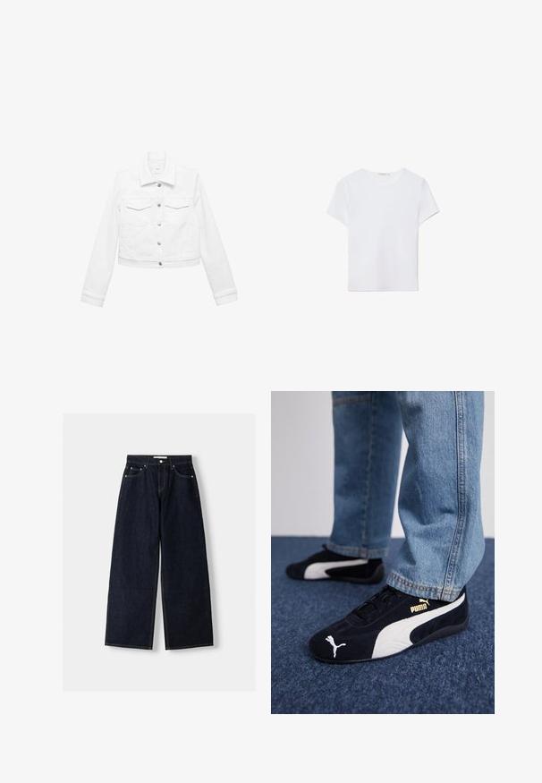White denim jacket with long sleeves, button front, and two chest pockets. Cropped design, smooth texture, minimalistic style.; White short-sleeve t-shirt made of soft fabric. Features a round neckline and a simple, clean design with a straight hemline.; Dark blue denim wide-leg jeans with a high waist, five pockets, contrast stitching, and silver metal hardware. Smooth texture and clean finish.; Black suede sneakers with white accents, featuring a gold logo. Worn with light blue denim jeans and set on a textured blue surface.