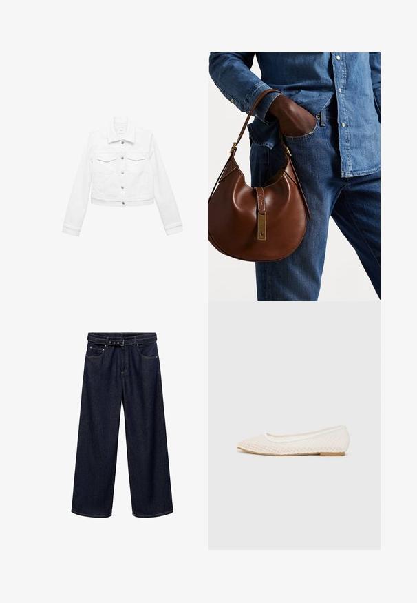 White denim jacket with long sleeves, button front, and two chest pockets. Cropped design, smooth texture, minimalistic style.; Black tank top in a soft, lightweight fabric. Features a scoop neckline and thin straps, with a straight hem and no patterns or accents.; Dark blue wide-leg jeans made of denim. Features a belted waistband with multiple buttons, front pockets, and a clean finish at the hems.; White flat shoe featuring a mesh design with a pointed toe and a low, flat sole. Textured upper with a smooth lining and subtle contrast trim.; Brown leather hobo bag with a rounded shape, featuring a gold hardware accent and contrast stitching. Paired with a denim shirt and jeans.