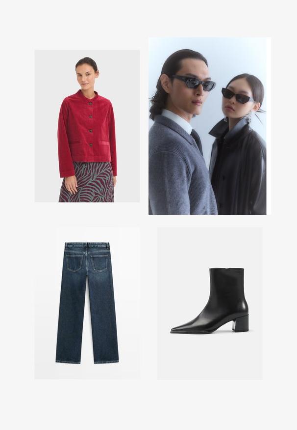 Rote Cordjacke mit rundem Ausschnitt, ausgestattet mit schwarzen Knöpfen und zwei vorderen Taschen, getragen über einem gemusterten Rock.; Helles blaues Langarm-Sweatshirt mit weiter Bootsausschnitt und geradem Saum, auf einem weißen Hintergrund präsentiert.; Dunkelblaue Jeans im geraden Schnitt, mit zwei Gesäßtaschen und sichtbaren Nähten entlang der Nähte und Säume.; Schwarze Lederschnürstiefelette mit spitzer Zehenform, glatter Textur und mittelhohem Blockabsatz. Minimalistisches Design, Reißverschluss hinten.; Sonnenbrille mit eckigen schwarzen Rahmen, getragen von einem Modell mit einem grauen Pullover, der ein strukturiertes Strickmuster zeigt, sowie einer schwarzen Lederjacke, die von einem anderen Modell getragen wird.