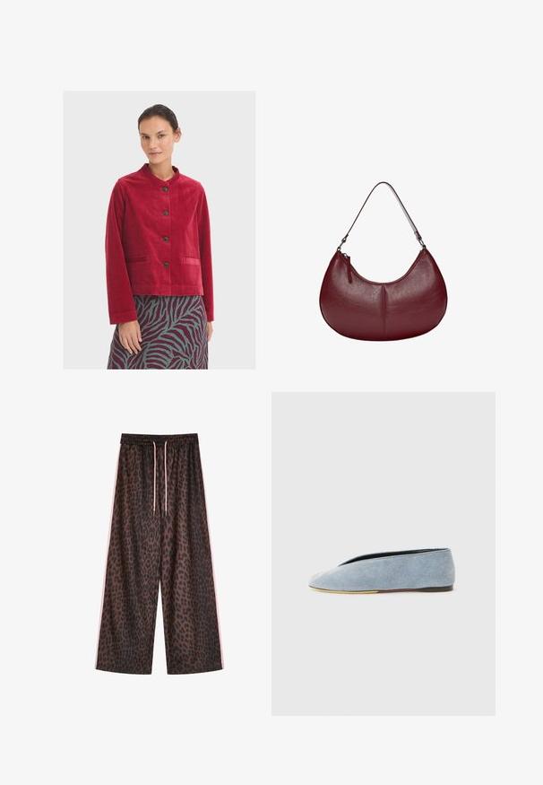 Rode corduroy jasje met een ronde halslijn, voorzien van zwarte knopen en twee zakken aan de voorkant, gedragen over een gestreepte rok.; Lichtblauwe mouwloze ribbed tanktop met een ronde halslijn en een klein logo geborduurd in het midden. Glad textuur, slim fit silhouet.; Luipaardprint wijde broek in bruin en zwart, met een elastische tailleband met roze trekkoorden en zijkanten met roze strepen. Glad stofmateriaal.; Lichteblauwe denim instapschoen met een gladde textuur, amandelvormige neus en een platte zwarte outsole. Minimalistisch ontwerp met een laag profiel.; Bordeaux leren handtas met een gebogen vorm. Voorzien van een enkele schouderband en een bovenrits, met een gladde, getextureerde oppervlakte.; Zilveren ketting met een glad, ovaal hanger die een gegraveerde smiley-gezicht toont, versierd met groene accenten. De ketting heeft onderling verbonden schakel.