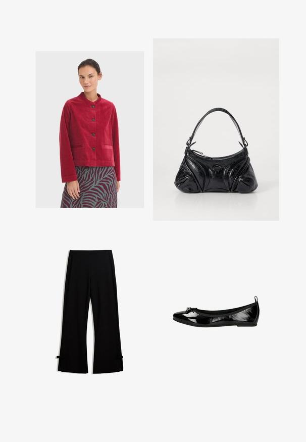 Rode corduroy jasje met een ronde halslijn, voorzien van zwarte knopen en twee zakken aan de voorkant, gedragen over een gestreepte rok.; Lichtbeige korte mouwen gebreid top met een bevestigde sjaaldetail die rond de halslijn hangt.; Zwarte wijde broek gemaakt van een zachte stof, met zijsplitten die zijn vastgemaakt met strikjes aan de onderkant voor extra detail.; Zwarte lakleren ballerina's met een ronde neus en strikaccent. Voorzien van een flexibele zool en elastiek rond de opening voor comfort.; Zwarte handtas van gestructureerd leer met een afgeronde vorm. Beschikt over een dunne schouderband en decoratieve reliëfpatronen.; Tartan sjaal in zwart, rood en groen met gele accenten; heeft een zachte textuur en een decoratieve geborduurde detail.