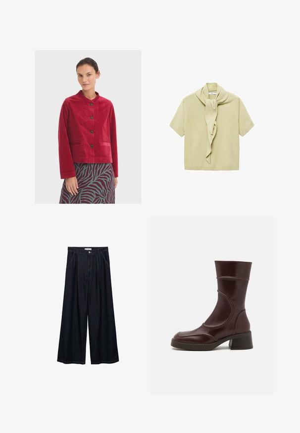 Rote Cordjacke mit rundem Ausschnitt, ausgestattet mit schwarzen Knöpfen und zwei vorderen Taschen, getragen über einem gemusterten Rock.; Helles beige Strickoberteil mit kurzen Ärmeln und angehängtem Schaldetail, das um den Hals drapiert ist.; Dunkelblaue, weite High-Waist-Hosen aus Denim mit einem Knopfverschluss vorne, zwei Seitentaschen und Nähdetails.; MIISTA MALENE - Stiefelette - brown