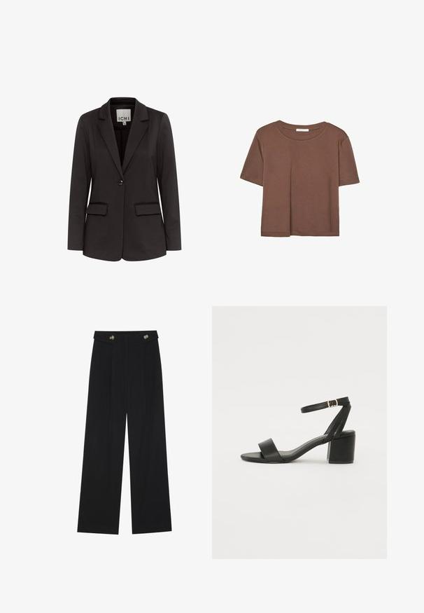 Mustat bleiserit, jotka on tehty sileästä kankaasta, joissa on viisteet, kaksi etutaskua, yksinäinen napitus ja säilynyt istuvuus.; Kahvinsävyinen lyhythihainen t-paita, joka on valmistettu pehmeästä kankaasta. Pyöreä pääntie ja rento malli. Ei näkyviä kuvioita tai koristeita.; Mustat leveälahkeiset housut, joissa on korkea vyötärö, napit vyötärönauhassa ja etupuolella laskokset.; Mustat korkokenkä-sandaalit, joissa on sileä nahkapinta, avoin varvas, leveät etuvarteen strapit ja säädettävä nilkkastrap, jossa on kultainen solkiyksityiskohta.