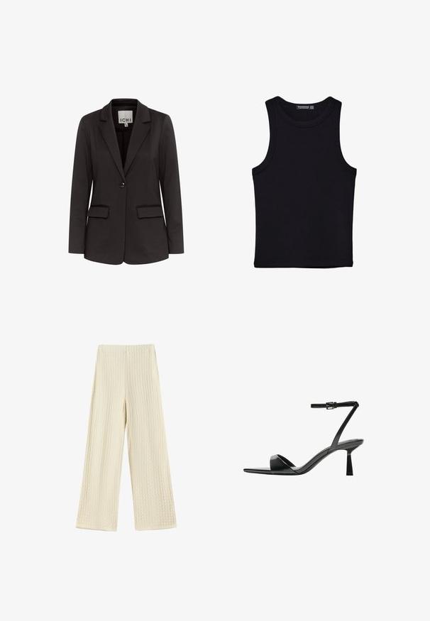 Črni blazer iz gladkega blaga z zarezanim ovratnikom, dvema sprednjima žepoma, zapiranjem na en gumb in prilegajočim krojem.; Črna majica brez rokavov iz bombaža, z okroglim izrezom in širokimi odprtinami za roke. Gladka tekstura s šivi na robovih. Klasičen, minimalističen dizajn.; Široke hlače iz teksturirane krem tkanine. Oblikovanje vključuje valovito strukturo, z visokim pasom in dolžino hlač do tal.; Bershka Sandali z visoko peto - black
