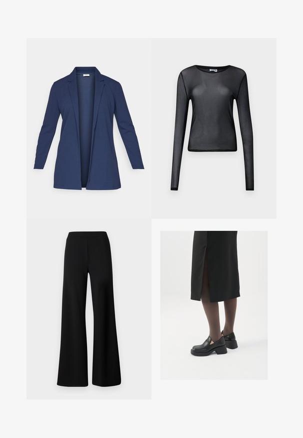 JDY JDYGEGGO LIFE - Bleizeris - black iris; Juodas ilgomis rankovėmis viršutinis drabužis, pagamintas iš permatomo audinio, su apvalia iškirpte ir siauru šonu, puikiai apdirbtomis kraštinėmis.; Juodos plačios kelnės, pagamintos iš minkštos, elastingos medžiagos. Yra lygus, elastingas juosmuo ir švarus, be puošmenų dizainas.; Juodos odinės bateliai su apvaliu nosiu, stora blokine pakulne ir elastingais šonais, derinami su tamsiomis pėdkelnėmis ir juoda sijonu su plyšiu.