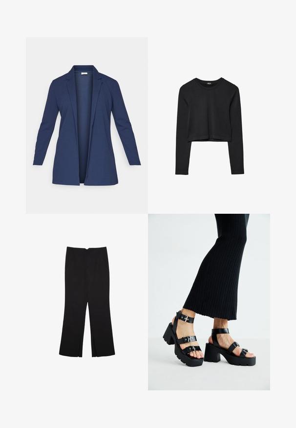 JDY JDYGEGGO LIFE - Kratka jakna - black iris; Crni dugi rukav uski crop top s okruglim izrezom, jednostavnog dizajna i blago zakrivljenim rubom.; Crne hlače ravnog kroja, s prednjim džepovima i bočnim prorezima na rubu. Izrađene od mekog i glatkog materijala. Pogodne za razne prigode.; Crne platforme sandale s debelim, nazubljenim potplatima i višestrukim trakama, s metalnim kopčama i glatkom teksturom koja podsjeća na kožu.