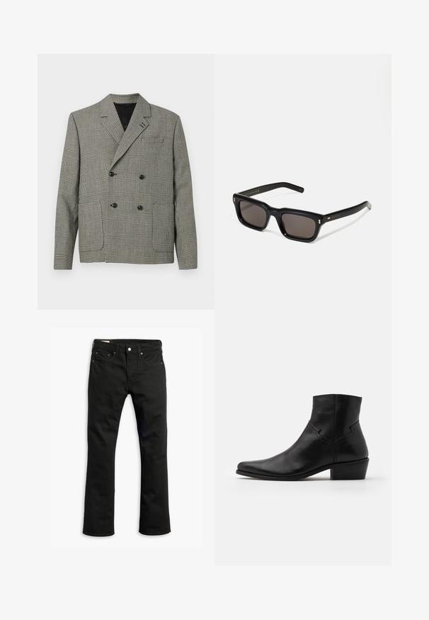 Double-breasted blazer in black and white check pattern, featuring a notched collar, two front pockets, and black button accents.; White cotton t-shirt with short sleeves, round neckline, and a smooth texture. Simple design with no patterns or graphics.; Black denim jeans with a straight leg design, five pockets, metal button closure, and subtle stitching details. Smooth texture and solid color.; Black leather ankle boot with a pointed toe, minimal stitching details, a mid-height block heel, and a smooth, polished finish.; Black rectangular sunglasses with dark lenses, thick plastic frame, gold accents on temples, and brand logo engraved on the arm.