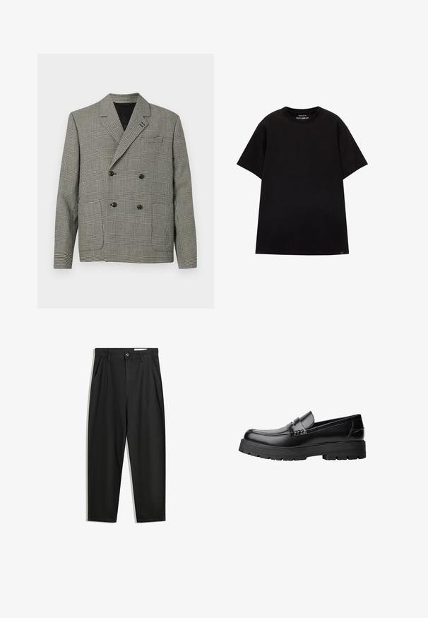 Dwurzędowa marynarka w czarno-białą kratę, z kołnierzem z wykładanym przodem, dwiema przednimi kieszeniami oraz czarnymi guzikami.; PULL&BEAR - T-shirt basic; Czarne bawełniane spodnie o luźnym kroju, z klasycznym pasem, przednimi plisy oraz bocznymi kieszeniami. Gładka struktura, bez wzorów.; Czarne skórzane mokasyny z grubą, bieżnikowaną podeszwą i dekoracyjnym paskiem na górze, pokazane w lewym profilu na białym tle.