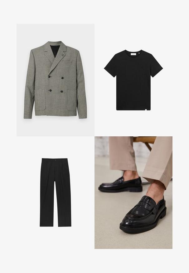 Blazer doppiopetto in modello scozzese bianco e nero, con colletto a scollatura, due tasche frontali e dettagli in bottoni neri.; T-shirt nera a maniche corte in cotone, con scollatura rotonda e un piccolo logo ricamato sul petto. Tessuto liscio, vestibilità standard.; Pantaloni neri con un design a gamba dritta, realizzati in un tessuto liscio. Presentano pieghe frontali e una chiusura a un bottone in vita.; Mocassini in pelle nera con finitura liscia, dotati di una cintura decorativa e cuciture a contrasto, abbinati a pantaloni beige.