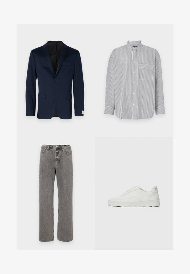 Tumši zils bleizers, izgatavots no gludas auduma, ar vienas rindas pogām, divām pogām, kādu diega sprauža, divām priekšējām kabatām un diskrētu etiķeti uz piedurknes.; Melnā un baltā svītrainā krekla ar pogām, garām piedurknēm, klasisku apkakli un krūšu kabatu ar horizontālām svītrām.; Pelēkie džinsi ar taisnu kāju griezumu, piecu kabatu dizainu un pogu slēgšanu jostasvietā. Visā virsmā ir maiga izbalējusi tekstūra.; Baltas ādas sneakers ar gludu virsmu, apaļu pirkstu daļu, plakaniem šņorēm un teksturētu zoli. Satur diskrētu logotipu uz papēža.