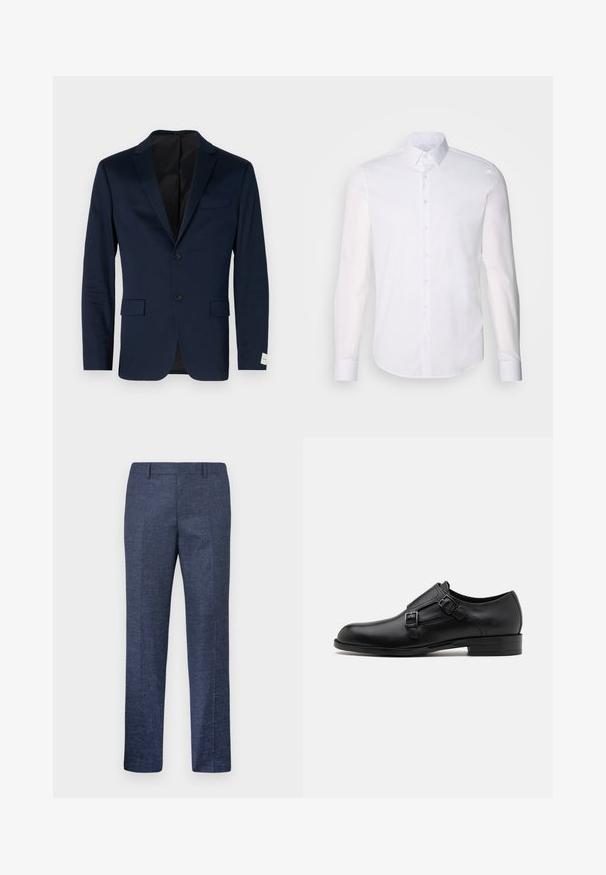 Tummansininen bleiseri, joka on valmistettu sileästä kankaasta, yksirivinen malli, jossa on kaksi nappia, lovekankaat, kaksi etutaskua ja huomaamaton etiketti hihassa.; Valkoinen pitkähihaista napitettava paita, joka on valmistettu puuvillasta. Paitassa on klassinen kaulus, etunapit ja vähäinen ompelu yksityiskohtana.; Tummansiniset housut, jotka on valmistettu teksturoidusta kankaasta, suorilla lahkeilla, tasaisella edessä ja kahdella sivutaskulla. Ei näkyviä kuvioita tai korostuksia.; Musta nahkakengät, joissa on kaksinkertaiset soljet, tyylikäs siluetti ja pyöreä kärki. Ominaisuuksiin kuuluu matala korko ja sileä pinta.