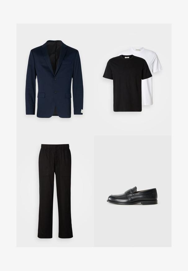 Blazer blu navy realizzato in tessuto morbido, design monopetto con due bottoni, rever a punta, due tasche frontali e un'etichetta discreta sul polsino.; Due t-shirt di cotone semplici, una nera posizionata davanti a una bianca, entrambe con maniche corte e scollature rotonde.; Pantaloni neri con vestibilità morbida, realizzati in tessuto leggero. Presentano un elastico in vita, chiusura con bottone e due tasche anteriori.; Mocassini in pelle nera con punta rotonda, dettagli cuciti e suola piatta in gomma. Presentano una banda ampia sopra il collo del piede.