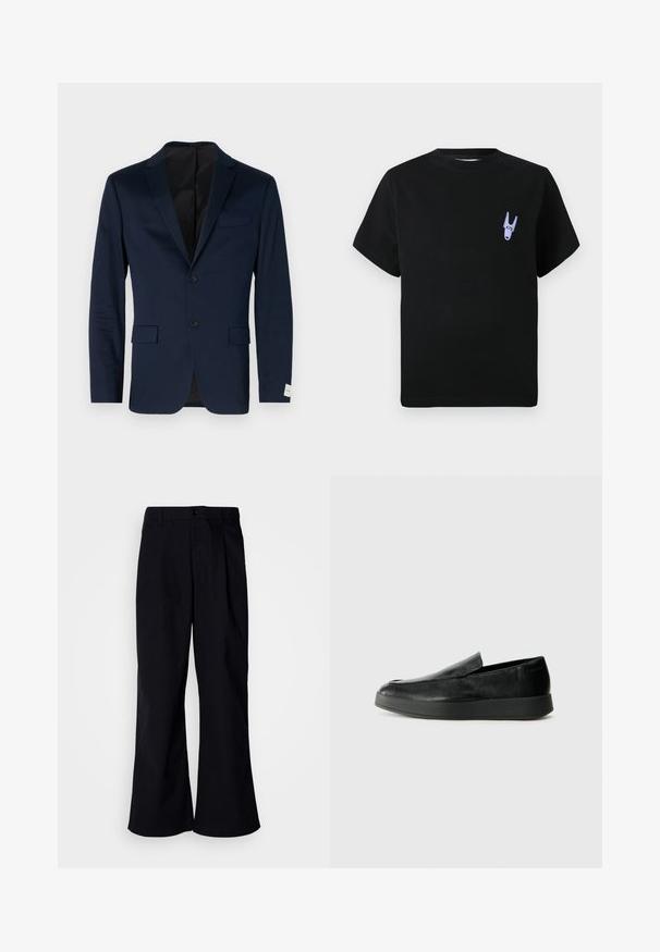 Námořnický modrý blazer vyrobený z hladké tkaniny, s jednobreasted designem a dvěma knoflíky, klopovými límci, dvěma předními kapsami a jemnou nášivkou na manžetě.; Černé bavlněné tričko s krátkými rukávy, které má malé fialové grafické detaily na levé části hrudi. Jednoduchý, hranatý design.; Černé široké kalhoty vyrobené z bavlny s předním záhybem, s knoflíkovým zapínáním a poutky na pásek, hladká textura a bez viditelných vzorů.; Calvin Klein HYBRID CUP - Polobotky - triple black