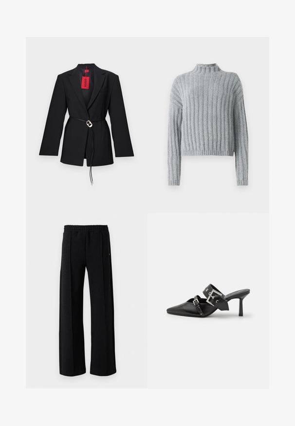 Crni sako s krojem koji se prilagođava tijelu, s pojasom u struku i srebrnim kružnim detaljima. Uključuje jedan džep na prsima i crvenu oznaku.; Svijetlosiva debela pletena majica s rebrastim uzorkom, s visokom izrezom, dugim rukavima i malo skraćenim krojem.; Bjela košulja dugih rukava s dugmadi, napravljena od glatke mješavine pamuka. Ima klasični ovratnik, prednje zatvaranje na dugmad te zakrivene manžete.; Crne hlače ravnog kroja s elastičnom gumicom u struku i suptilnim teksturiranim uzorkom po cijelom materijalu na bijeloj pozadini.; Crne visoke mule s oštrim vrhom, izrađene od glatke kože. Imaju široku narukvicu oko gležnja sa srebrnom kvadratnom kopčom i nitnama.