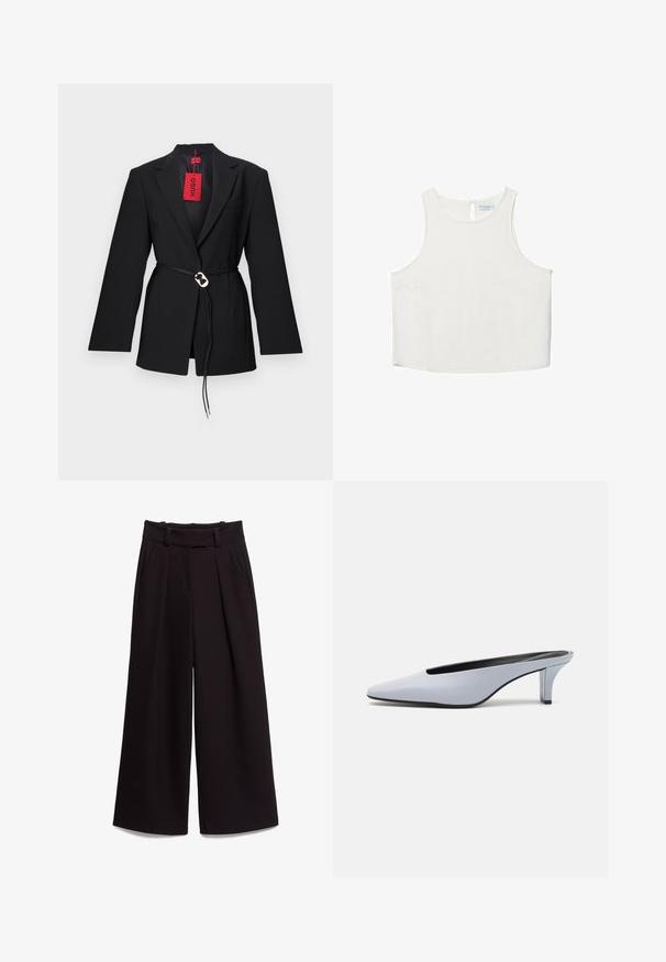 Black blazer with a fitted design, featuring a belted waist and silver circular hardware. Includes a single chest pocket and a red tag.; White sleeveless top with a round neckline, featuring a subtle texture, keyhole back detail, and a straight hemline.; Black wide-leg trousers made of smooth fabric, featuring a high waist, belt loops, and two front pockets. Pleated design adds texture.; Light blue patent leather mule with a pointed toe, low transparent heel, and a sleek design featuring a cut-out at the vamp.