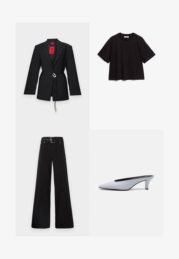 Mustmust ja sobivad disain, millel on vöödiga talje ja hõbedane ümmargune riistvara. Sisaldab ühte rinnataskut ja punast silti.; Must musta lühikese varrukaga t-särk ümmarguse kaeluse ja lõdva istuvusega. Omab lihtsat, kaunistamata disaini.; Mustad laiad mustad püksid, mis on valmistatud puuvillast, kõrge vöökoha, suurte küljetaskute ja kumerate rihmadega, kus on hõbedased detailid.; Heled sinine lakknahast suss, millel on terav ninatipp, madal läbipaistev konts ja voolujooneline disain, millel on lõige vampi juures.