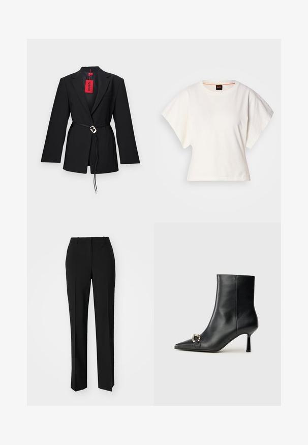 Fekete blazer, testre szabott kialakítással, övvel ellátott derékrésszel és ezüst színű kör alakú kiegészítőkkel. Egyetlen mellzsebbel és piros címkével rendelkezik.; Fehér, rövid, bő ujjú, crop szabású póló, puha pamut anyagból, kerek nyakkivágással, finom narancssárga díszítéssel, minimalista dizájn, minta vagy grafika nélkül.; Fekete, testhezálló nadrág egyenes szárú kivitelben, sima textúrával és éles redőkkel az elején. Nincs látható fémalkatrész.; Fekete bőr bokacsizma hegyes orral, vékony közép magasságú sarokkal és ezüst csattal az oldalon, sima háttér előtt.