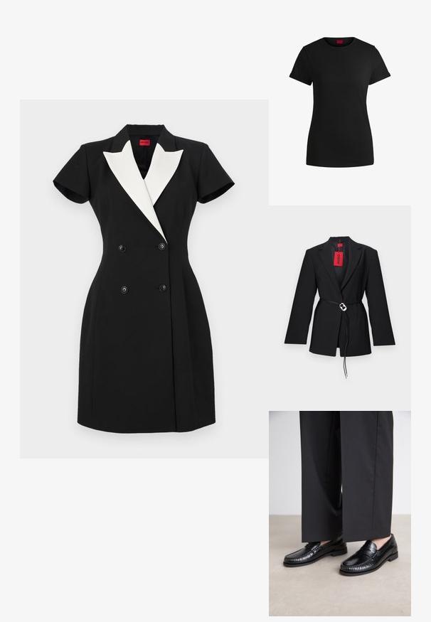 Schwarzer Blazer mit einer taillierten Passform, der über eine taillierte Taille und silberne, kreisförmige Beschläge verfügt. Enthält eine einzelne Brusttasche und ein rotes Etikett.; Schwarzes Baumwoll-T-Shirt mit kurzen, aufgerollten Ärmeln, rundem Halsausschnitt und rotem Etikett. Glatte Textur, taillierte Form mit minimalen Details.; Schwarzes, doppelt geknöpftes Kleid mit kurzen Ärmeln, weißen Schalkrevers und schwarzen Knöpfen. Taillierte Passform mit strukturiertem Design.; Schwarze Lederloafers mit glatter Oberfläche, genähten Details um die Zehen und einer niedrigen Gummisohle. Kombiniert mit weiten schwarzen Hosen.