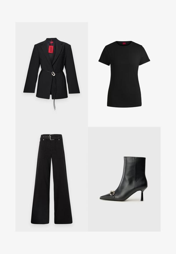 Čierny blazer so zadným strihom, s opaskom v páse a striebornými kruhovými detailmi. Obsahuje jedno náprsné vrecko a červenú štítku.; Čierne bavlnené tričko s krátkymi rolovanými rukávmi, okrúhlym výstrihom a červenou nášivkou. Hladká textúra, priliehavý strih s minimálnymi detailmi.; Čierne nohavice so širokými nohavicami vyrobené z bavlny, s vysokým pásom, veľkými bočnými vreckami a opaskom s prackou so striebornými detailmi.; Čierna kožená členková obuv s špicatou špičkou, štíhlým stredne vysokým podpätkom a striebornou sponou na boku na jednoduchom pozadí.