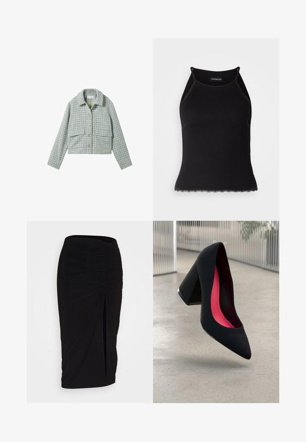 TOM TAILOR Vest - green boucle design; Zwarte geribbelde tanktop met een scallooped kanten rand aan de onderkant. Heeft dunne bandjes en een aansluitend ontwerp. Gemaakt van rekbare stof.; Zwarte, gerimpelde kokerrok met strikdetail en een zijsplit. Gemaakt van een rekbaar stof, met een soepele textuur en een aansluitend ontwerp.; Zwarte hoge hak met een spitse neus, textuur op het oppervlak en een opvallend roze interieur. Beschikt over een chunky hak met zilveren accent.