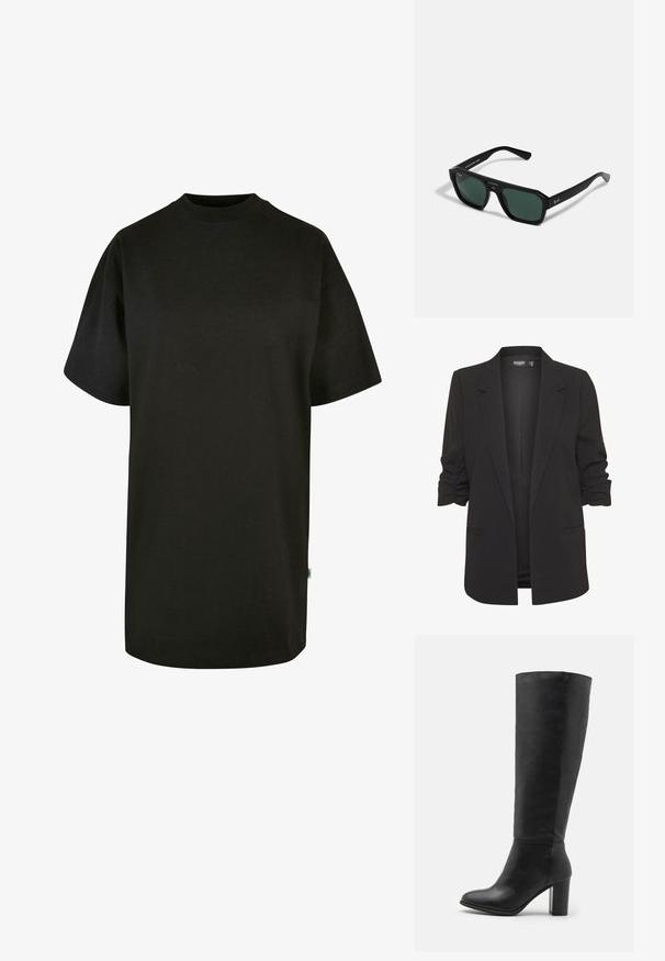 Blazer negro con mangas arremangadas, hecho de un tejido suave. Presenta una forma ajustada, cierre de un solo botón y dos bolsillos laterales.; Camiseta de algodón negra con cuello redondo y mangas cortas. Corte holgado, diseño liso y sin patrones ni acentos visibles.; Botas de cuero negro hasta la rodilla, con un tacón grueso y punta redondeada. Diseño minimalista sin hardware ni decoraciones visibles.; Gafas de sol rectangulares negras con lentes verdes. Hechas de plástico con forma octagonal y acabado suave. Presentan la marca Ray-Ban en el lateral.