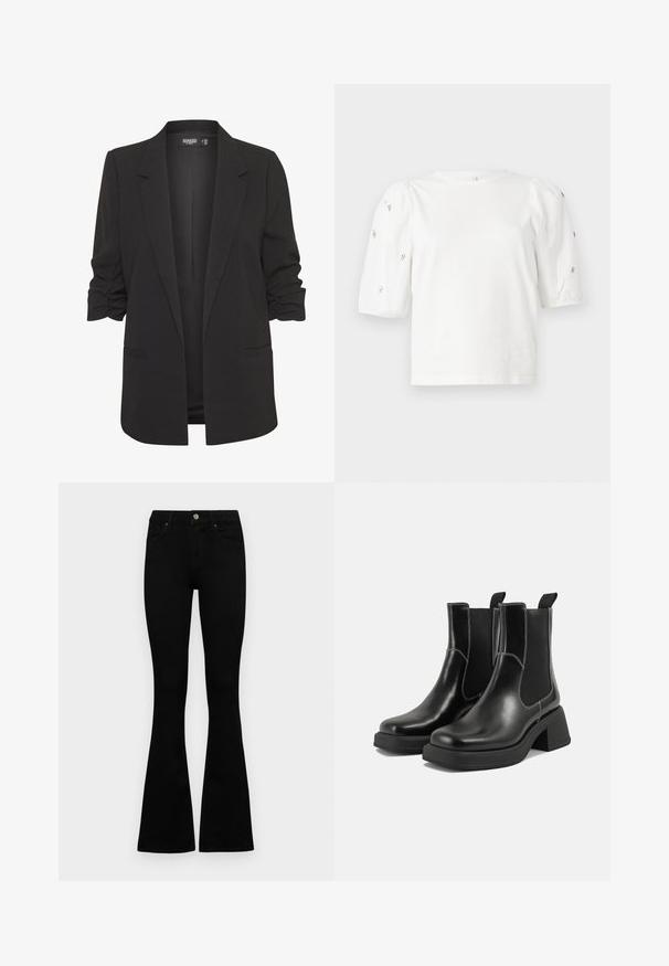 Black blazer with rolling sleeves, made of smooth fabric. Features a fitted shape, single-button front, and two side pockets.; White cotton t-shirt with short puff sleeves, featuring small silver embellishments along the sleeves. Classic round neckline, relaxed fit.; Black high-waist jeans with a button and zip closure, front pockets, and flared legs laid flat on a white background.; Black leather Chelsea boots with a chunky heel, elastic side panels, and contrasting white stitching. Textured finish.